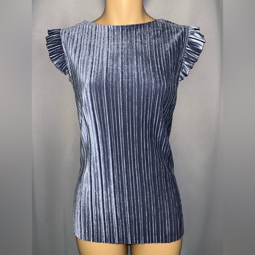Worthington Blue Pleated Velvet Blouse with Flutter Sleeves